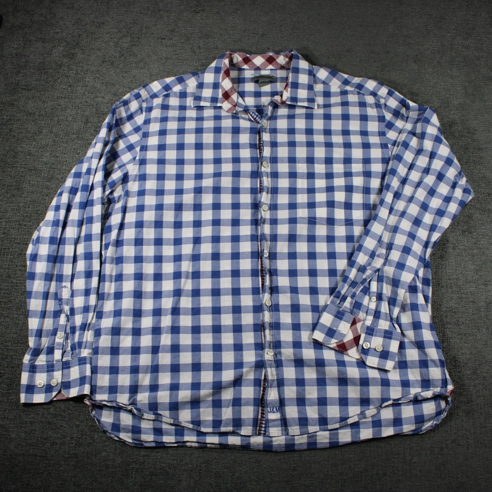 Johnston & Murphy XL Tailored Fit Blue White Gingham Check Button Down Shirt